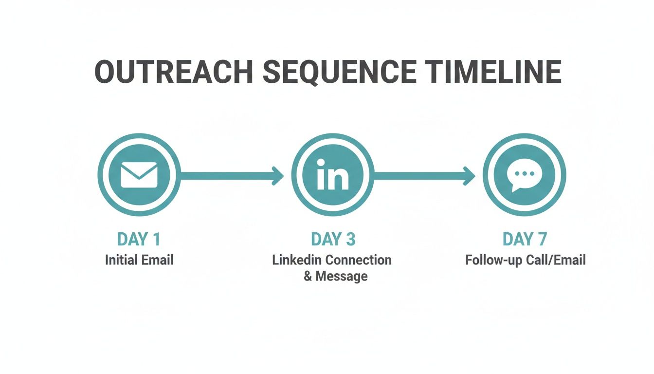 Timeline illustrating a 7-day outreach sequence with initial email, LinkedIn, and follow-up steps.