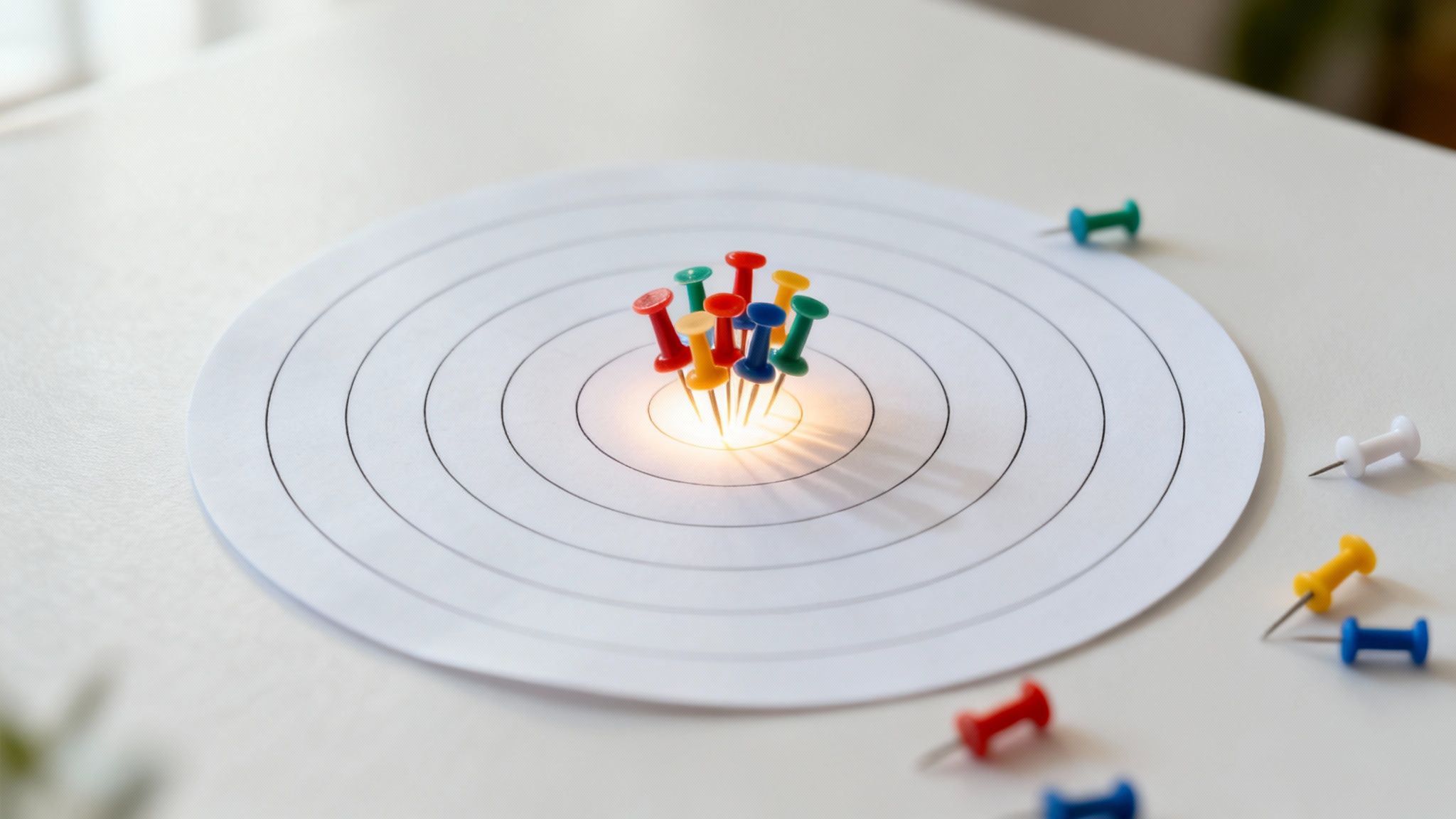 Colorful pushpins tightly clustered in the bullseye of a target, some scattered around.