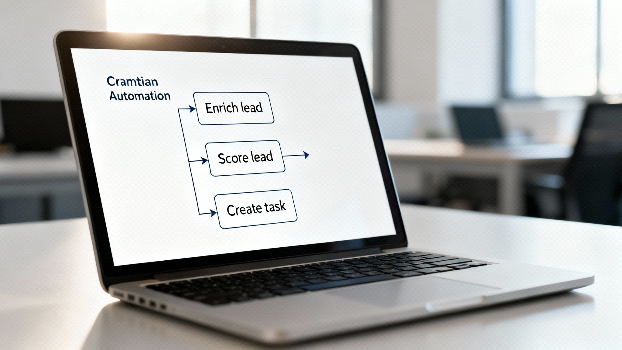 A laptop screen displays a workflow diagram titled 'Cramtian Automation' for lead qualification.