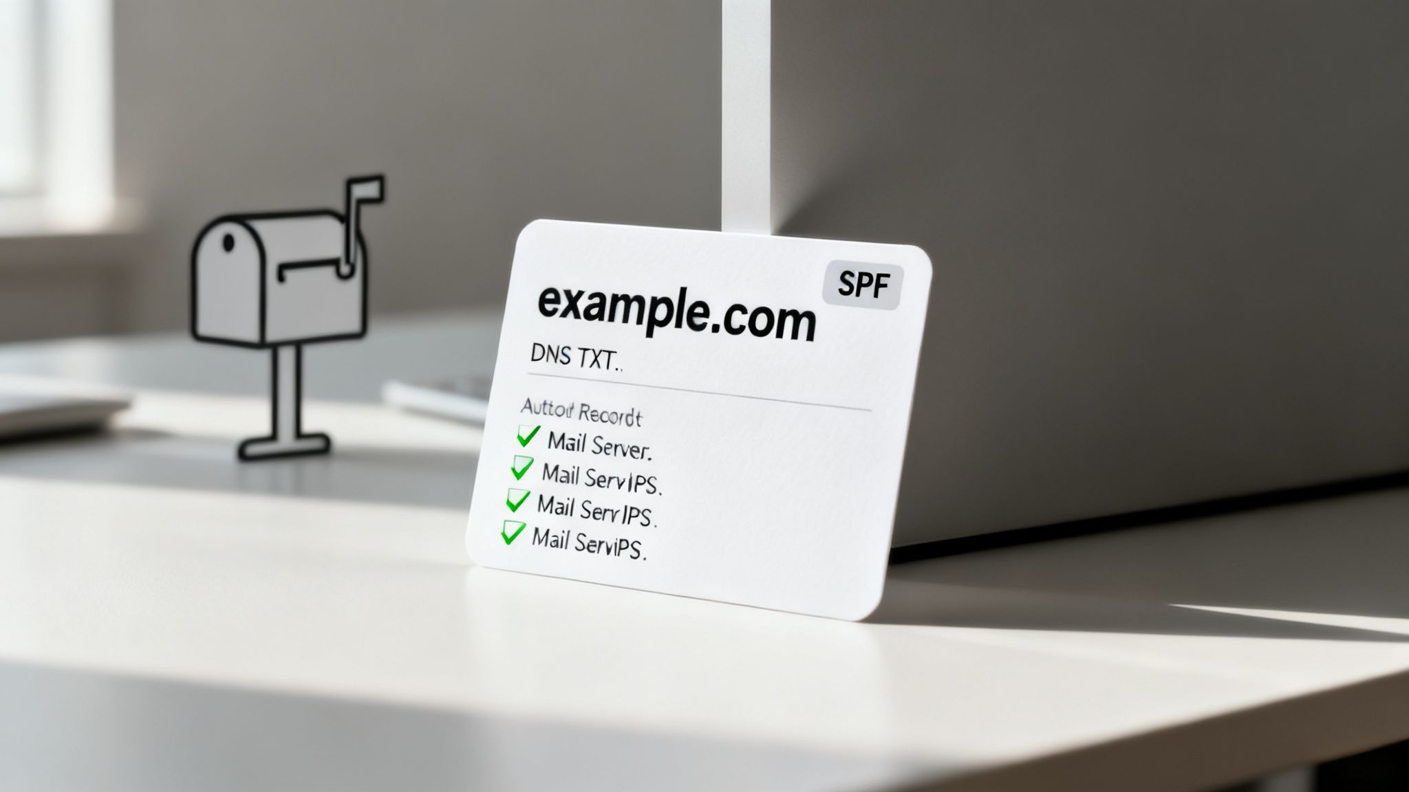 Card displaying example.com email settings, SPF, and DNS records with checkmarks, beside a mailbox.