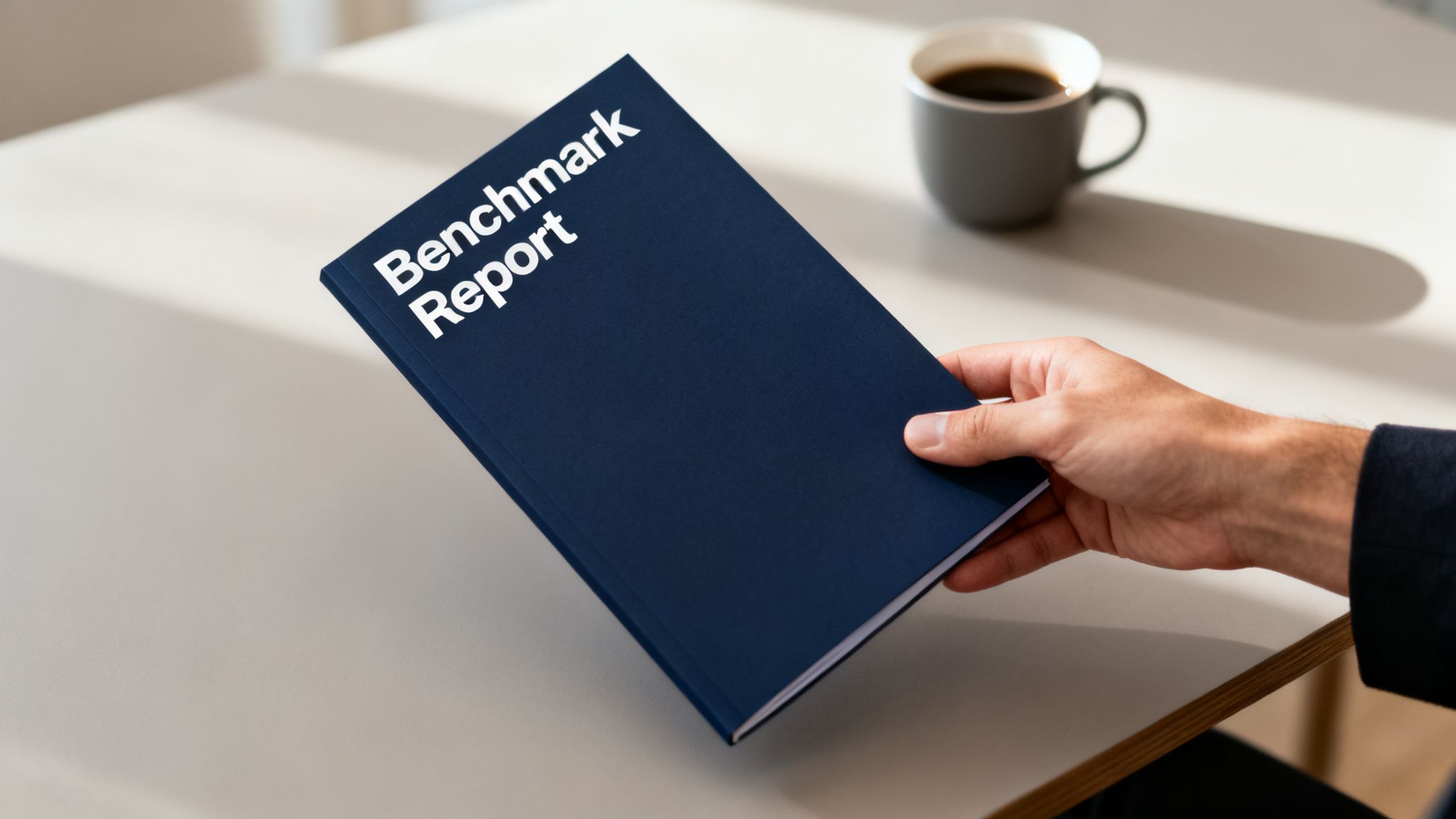 A hand holding a 'Benchmark Report' book on a white table with a coffee cup in the background.