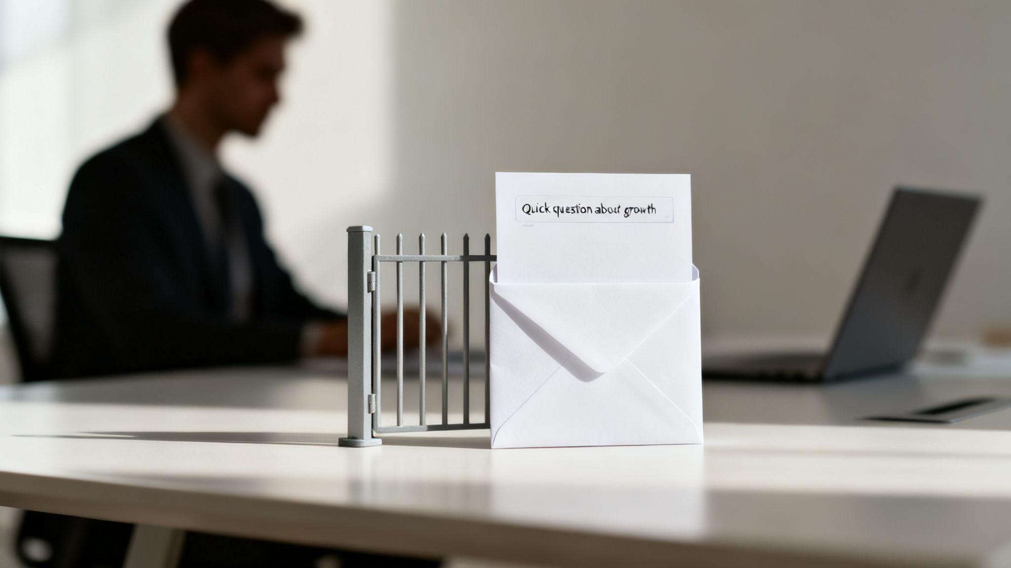 A miniature gate and an envelope containing a 'Quick question about growth' note on an office desk.
