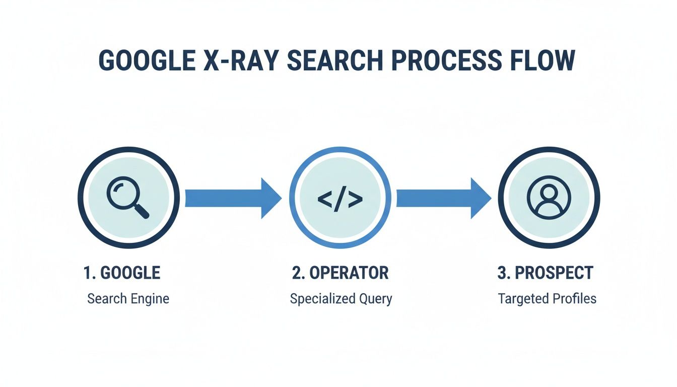 Flowchart showing Google X-ray search process from search engine, through operators, to targeted profiles.