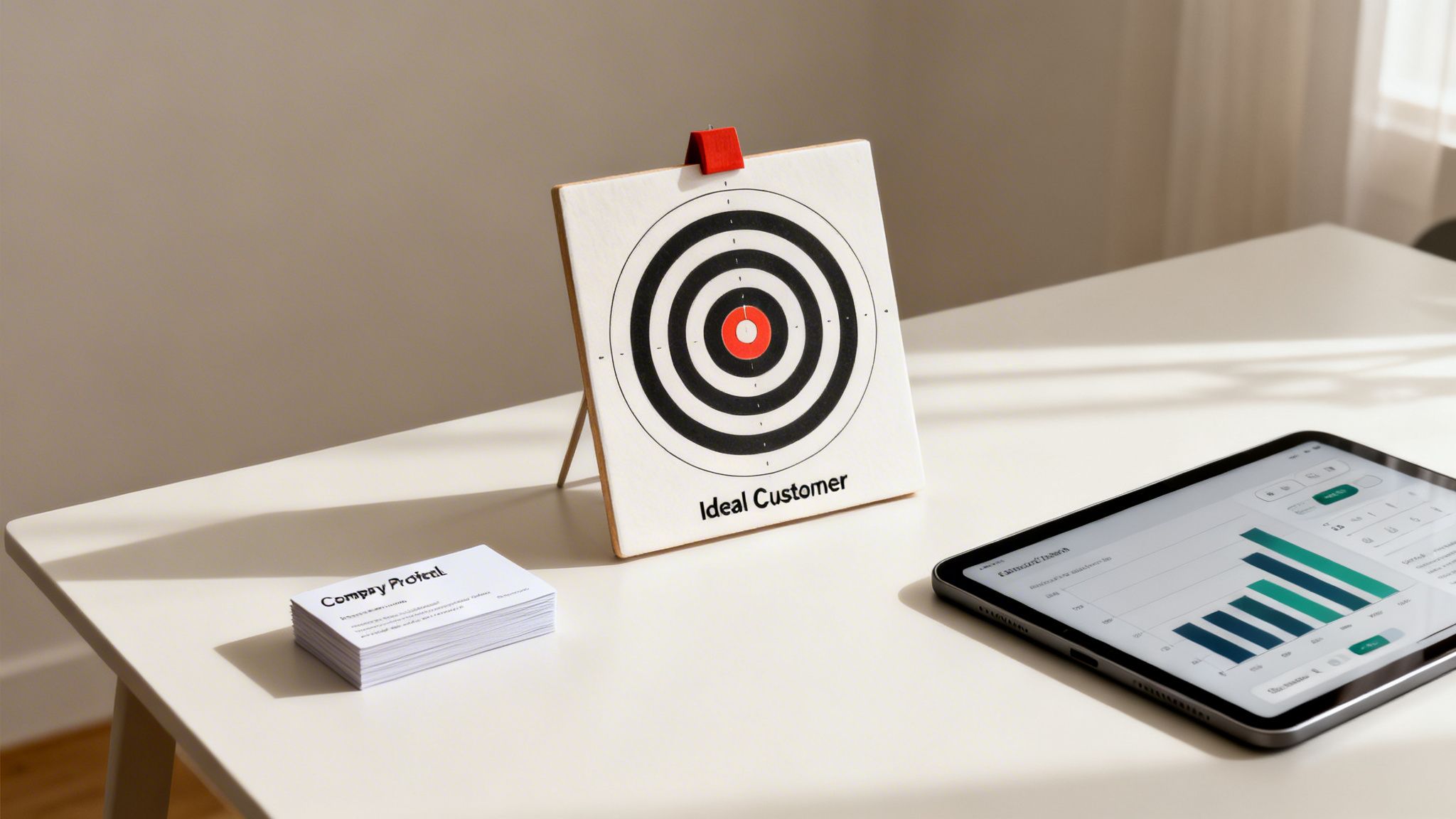 A table with an 'Ideal Customer' target board, a stack of business cards, and a tablet showing sales data.