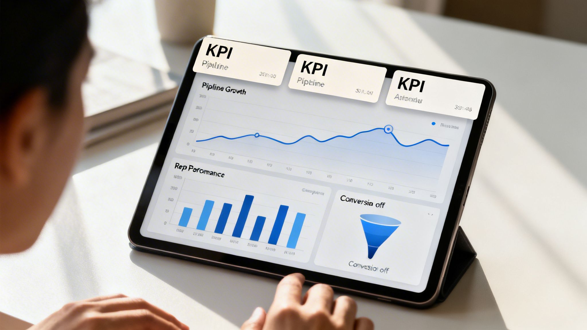 Close-up of a person analyzing a digital tablet displaying sales performance metrics, growth charts, and conversion funnel data.