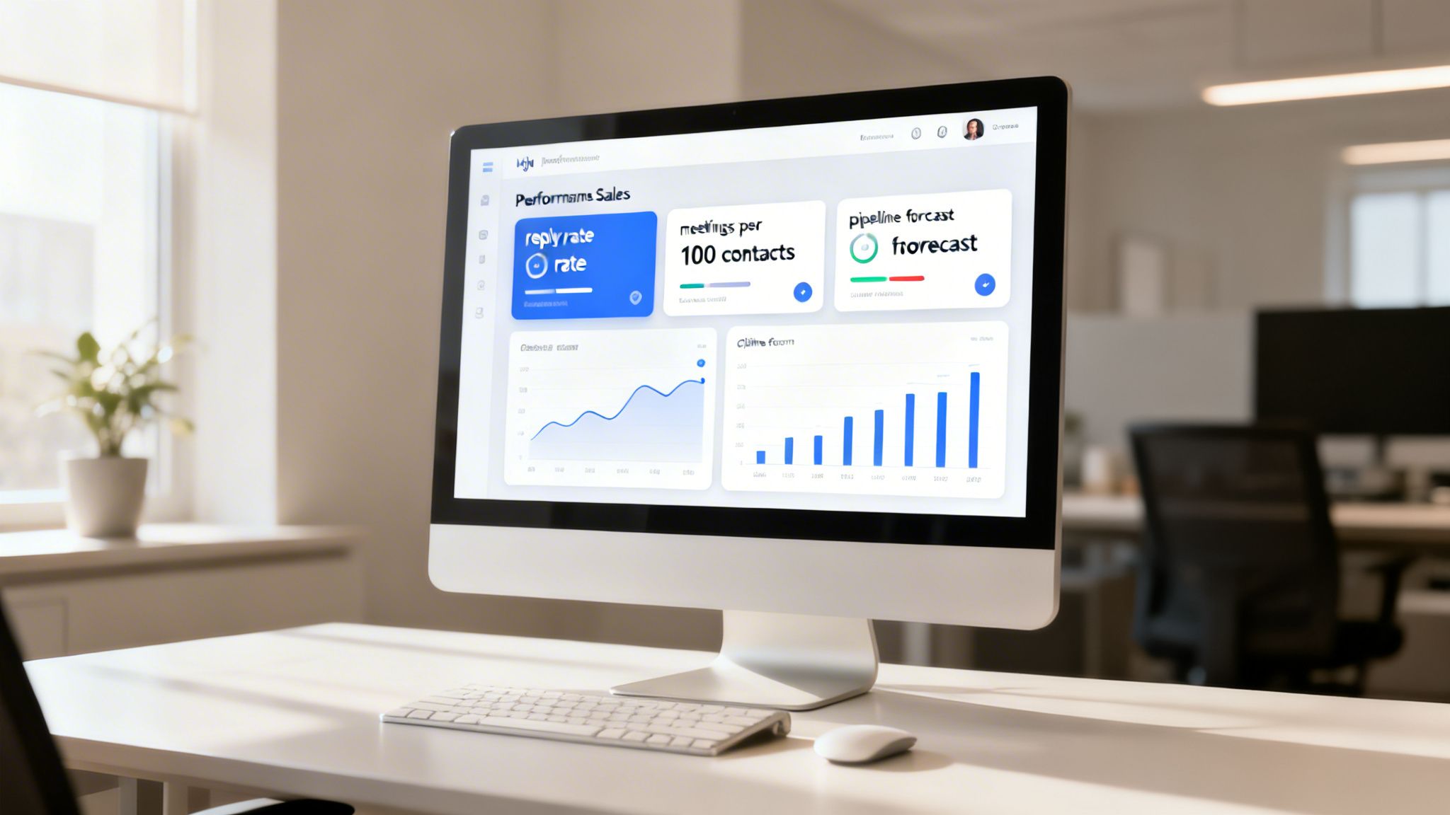 A desktop computer displays a sales performance dashboard with graphs and metrics in an office.