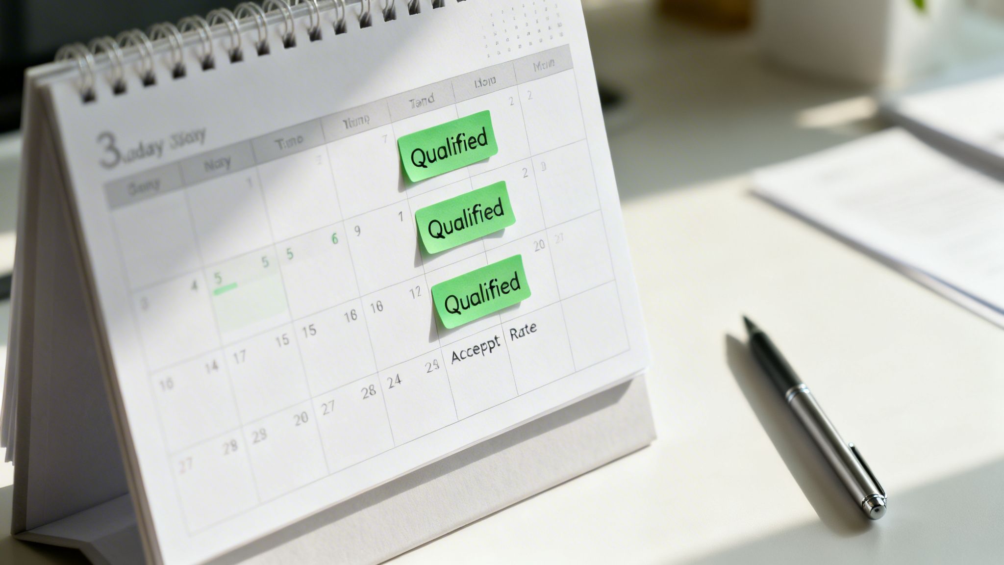 Desk calendar showing 'Qualified' sticky notes on several dates and 'Accept Rate' written below.