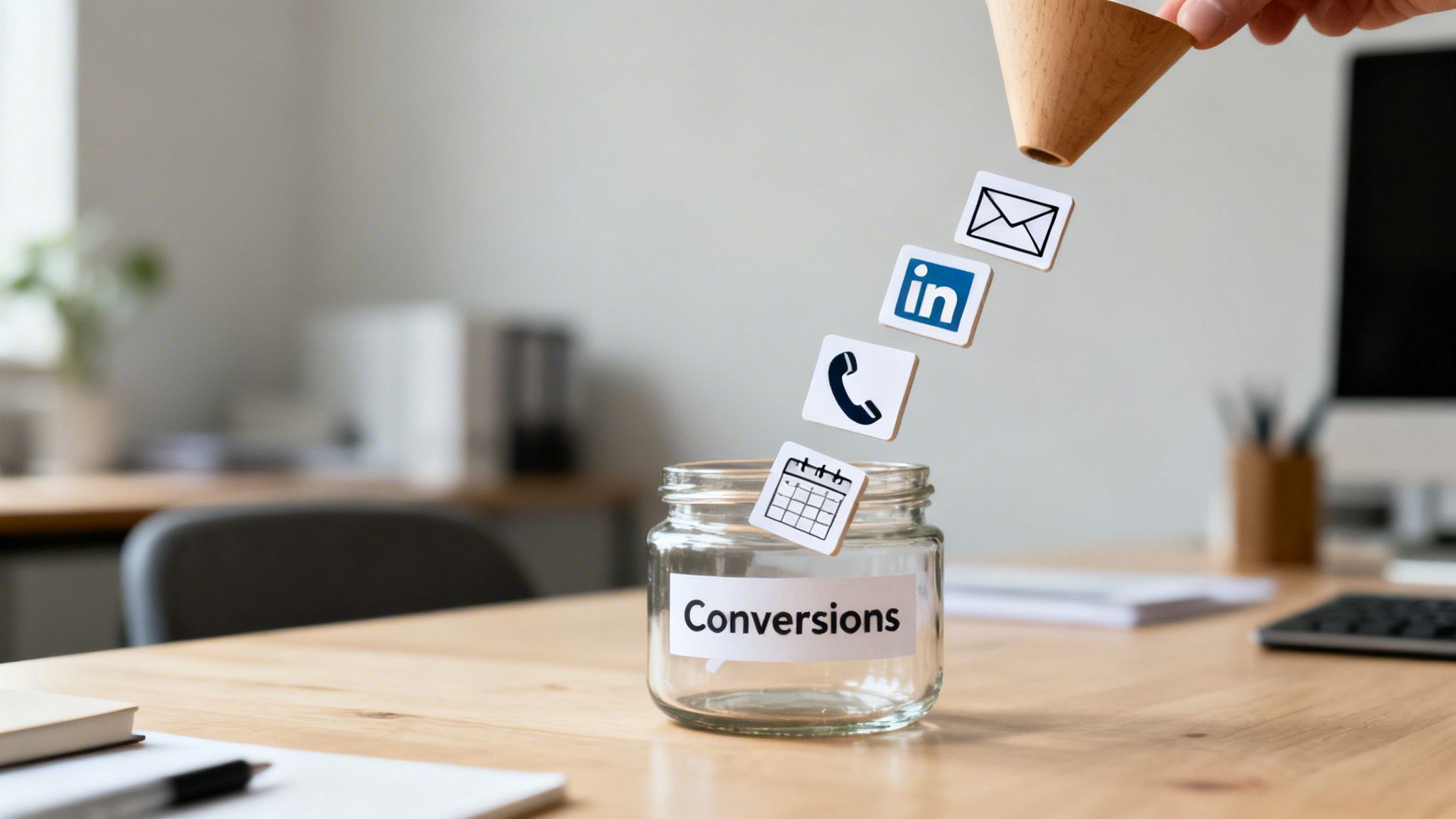 A hand funnels digital marketing icons (email, LinkedIn, phone, calendar) into a jar labeled 'Conversions' on a desk.