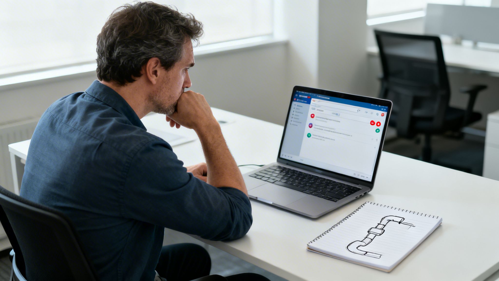 Man focused on his laptop in an office, with a detailed pipe sketch on a notebook.