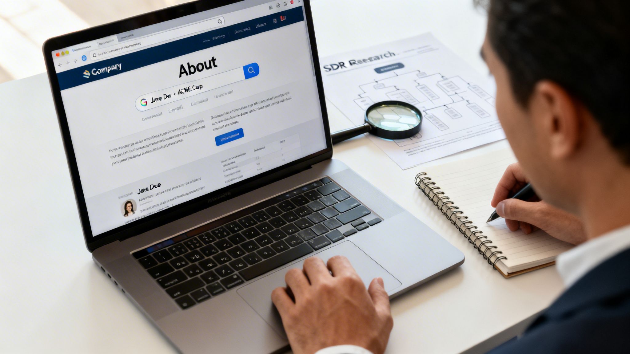 A person uses a laptop to research company information while writing notes in a notebook.