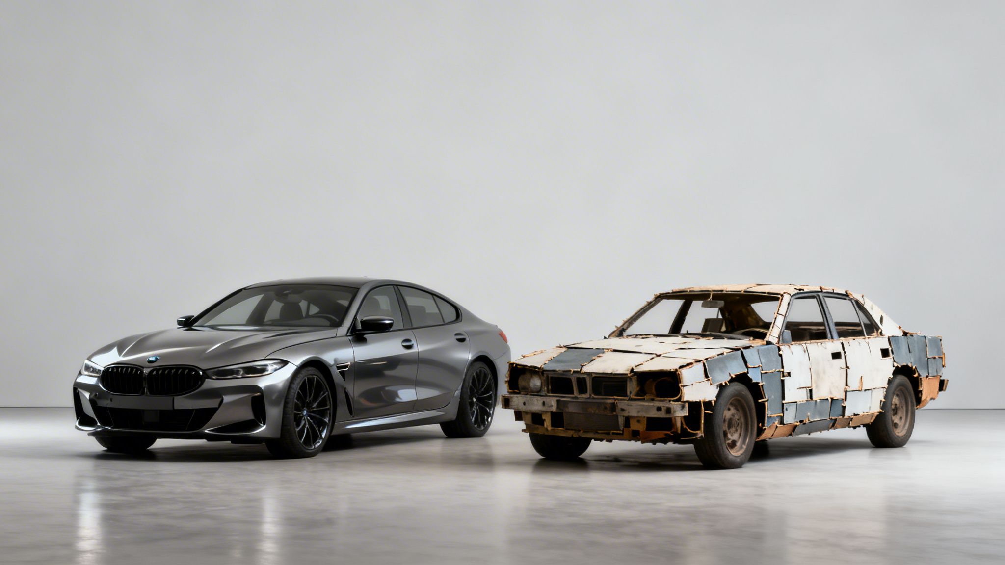 A sleek grey BMW sedan next to a rusted, patchwork, post-apocalyptic car in a studio.
