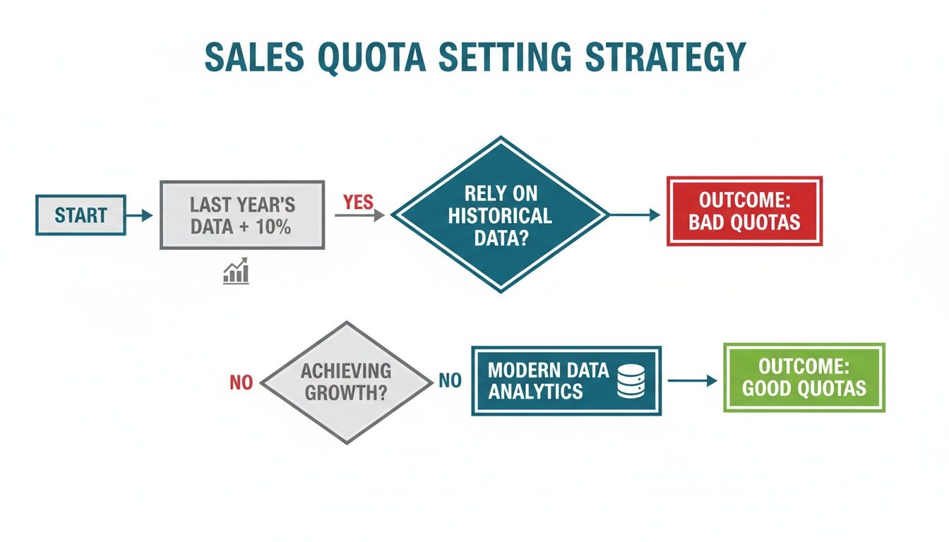 Flowchart illustrating a sales quota setting strategy, contrasting historical data for bad quotas with modern analytics for good quotas.
