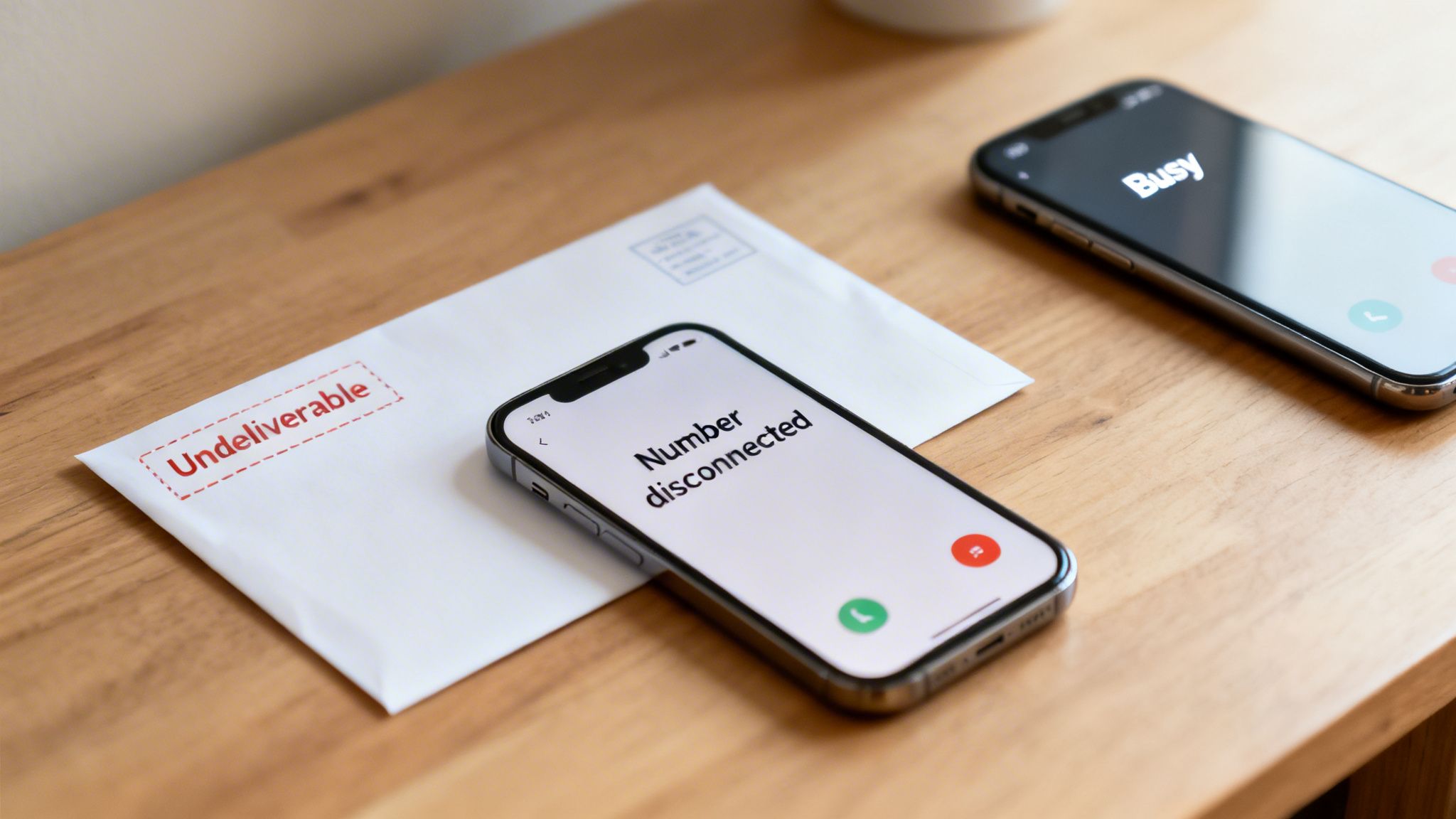 An undeliverable letter lies next to two phones displaying 'Number disconnected' and 'Busy'.